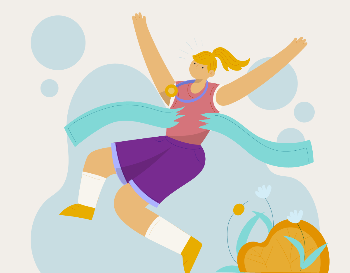 Cheerful person jumping with arms raised, wearing a teal scarf and purple skirt, beside pumpkins and floating bubbles