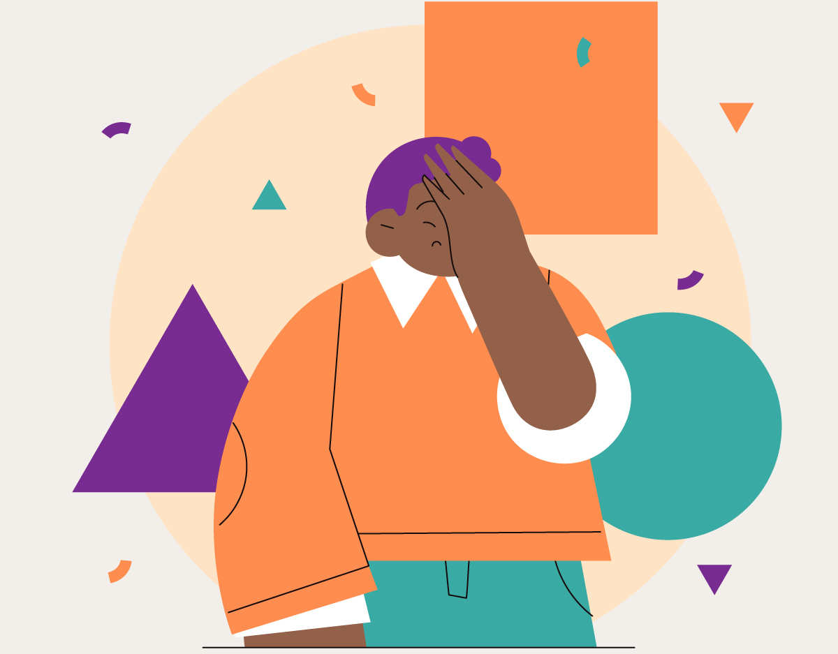 A person performing a facepalm gesture, set against a background of abstract geometric shapes in vibrant colors.