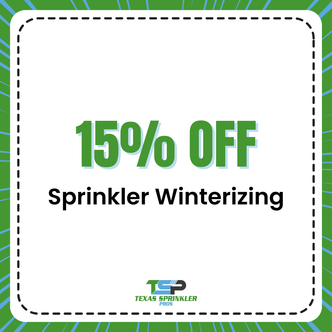A coupon that says 15 % off sprinkler winterizing