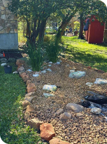 A beautifully landscaped backyard with green grass, plants, trees and rock area.