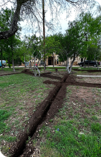 A yard with dug out lines for a new water sprinkler system installation.