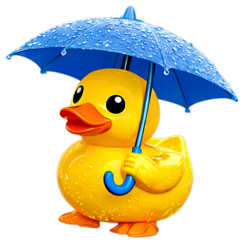 Yellow cartoon duck holding a blue umbrella, standing in the rain with a cheerful expression