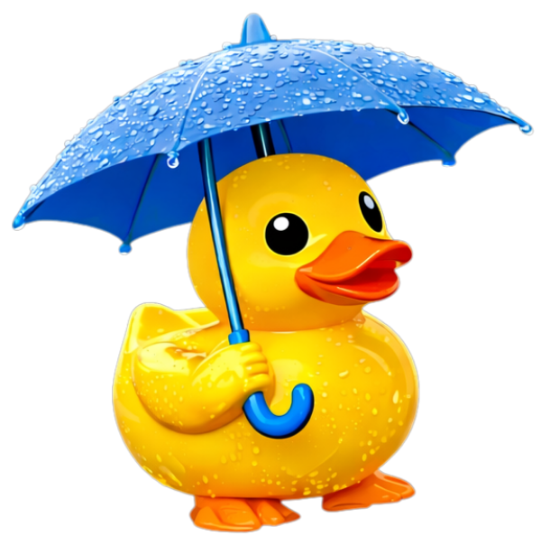 Yellow rubber duck holding a blue umbrella, standing in the rain