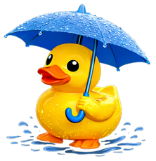 Yellow rubber duck holding a blue umbrella in the rain, with water splashing around it