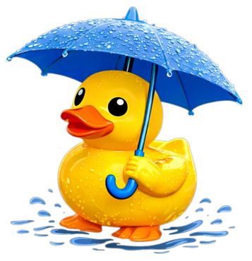 Yellow rubber duck under a blue umbrella, standing in puddles of rain