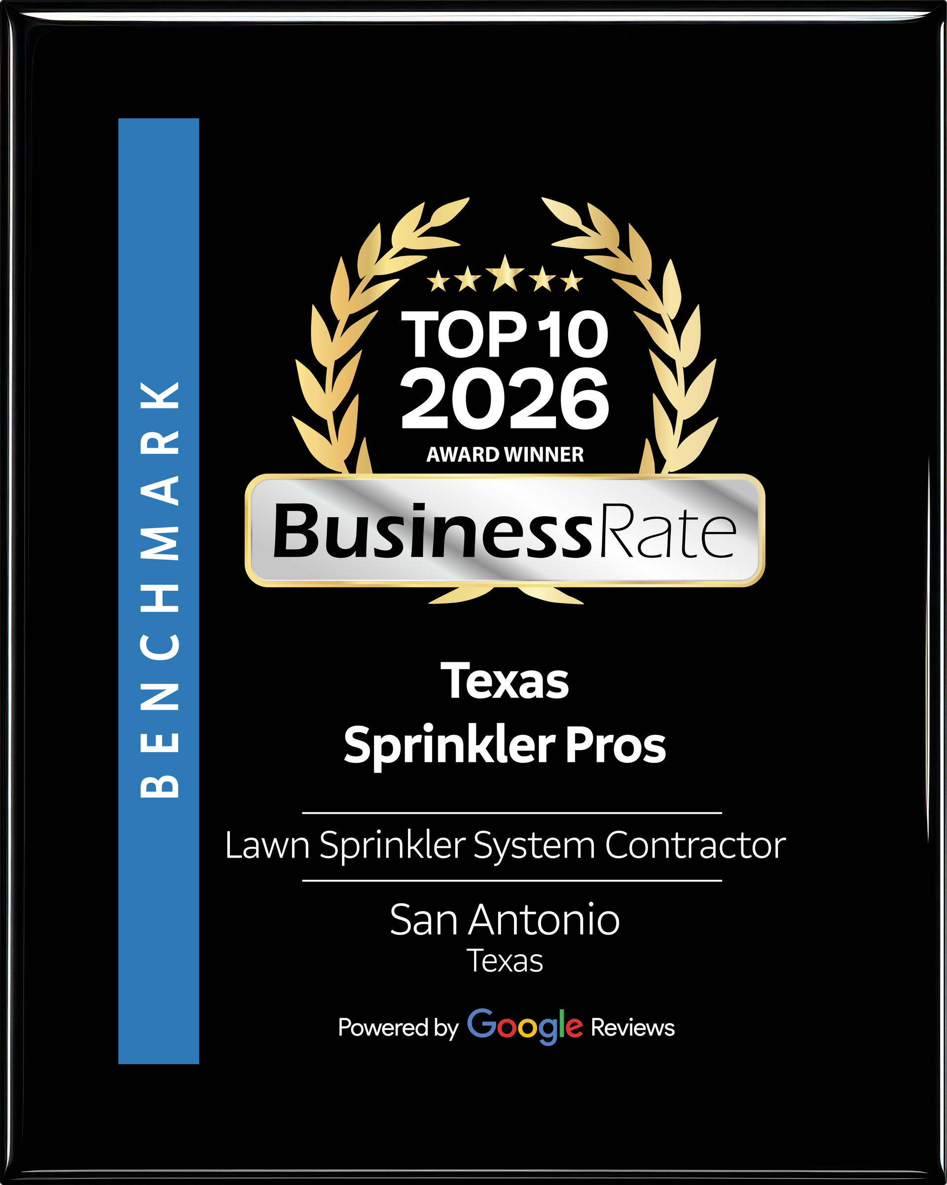 BusinessRate Top 10 2026 award plaque for Texas Sprinkler Pros, black with blue Benchmark stripe