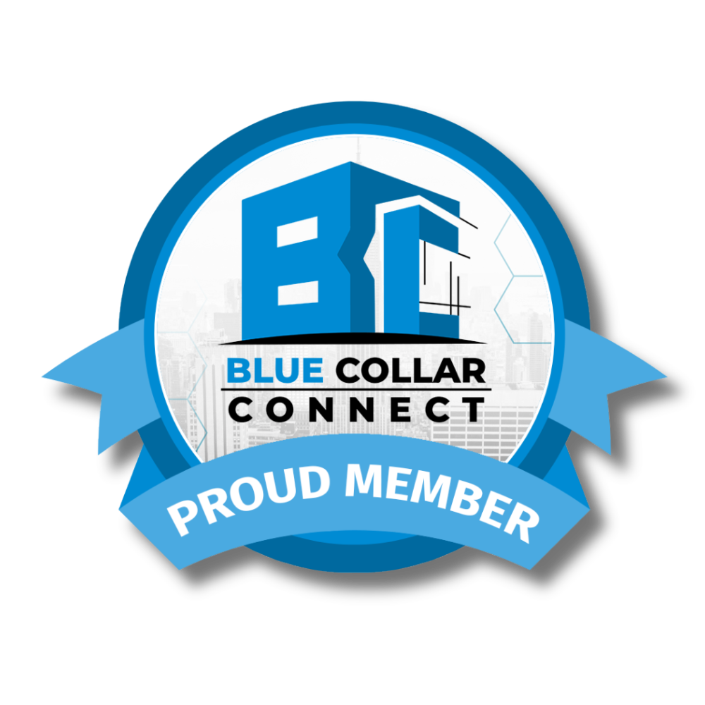 Blue Collar Connect “Proud Member” circular blue logo with ribbon banner