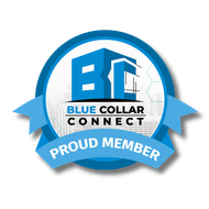 Blue Collar Connect “Proud Member” circular blue logo with ribbon banner