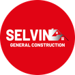 Red circle logo for Selvin General Construction; white text and a silver house silhouette.