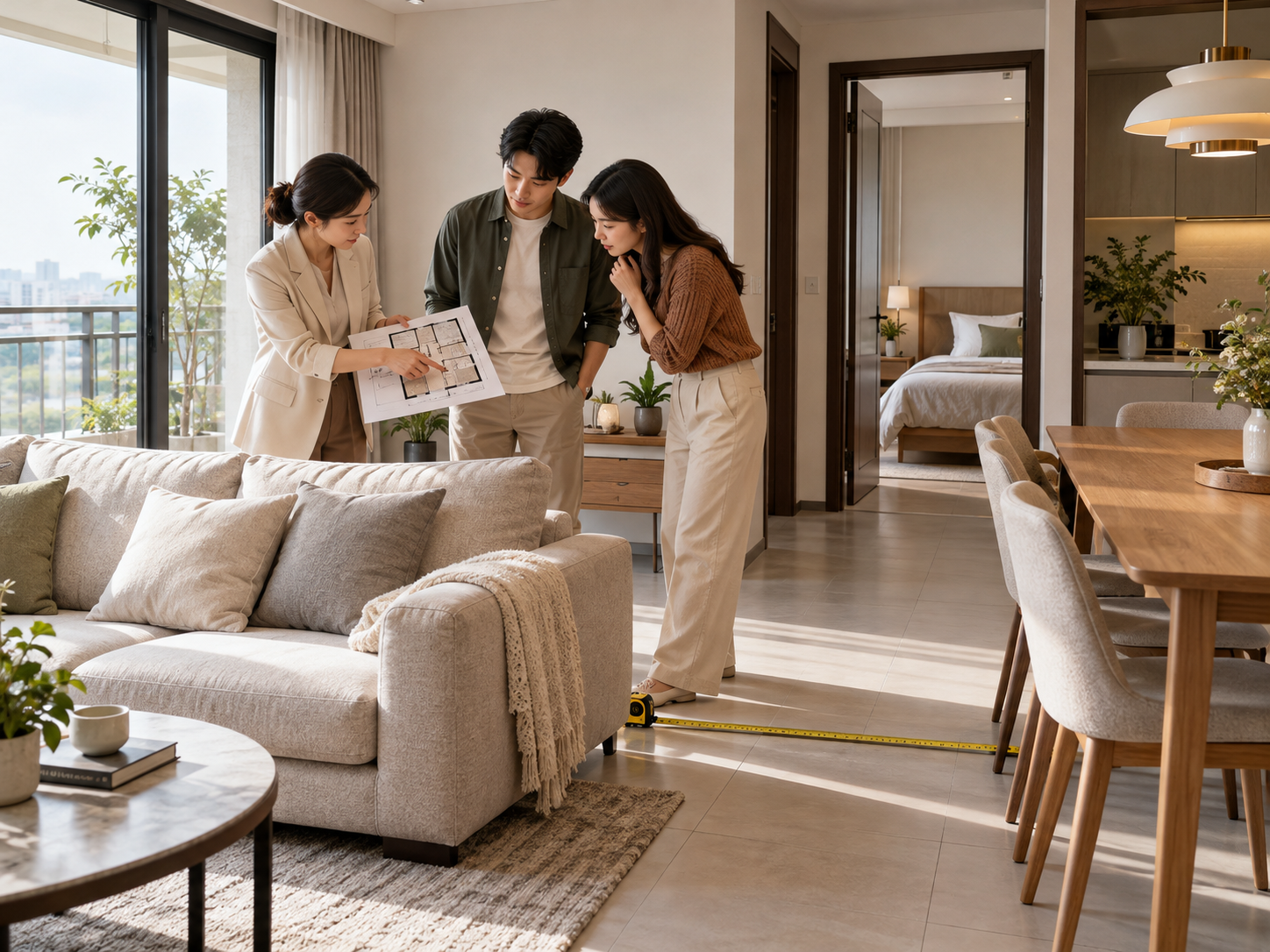 室內設計師與屋主在住宅客廳查看平面圖,使用捲尺核對沙發、餐桌與走道的家具配置空間。