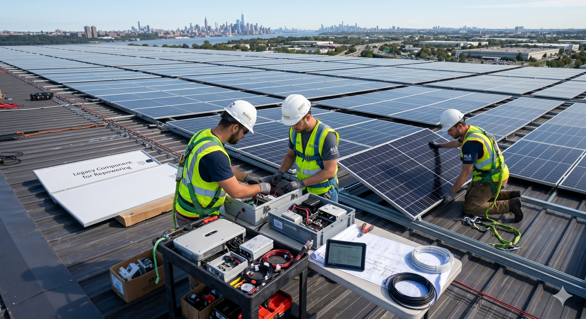 Workers in safety vests and hard hats install solar panels on a rooftop with a city skyline in the distance.