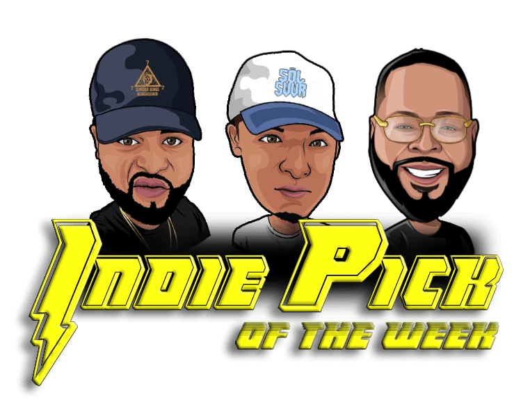 Three cartoon men with Indie Pick of the Week logo. Each wearing a hat and expressing different emotions.