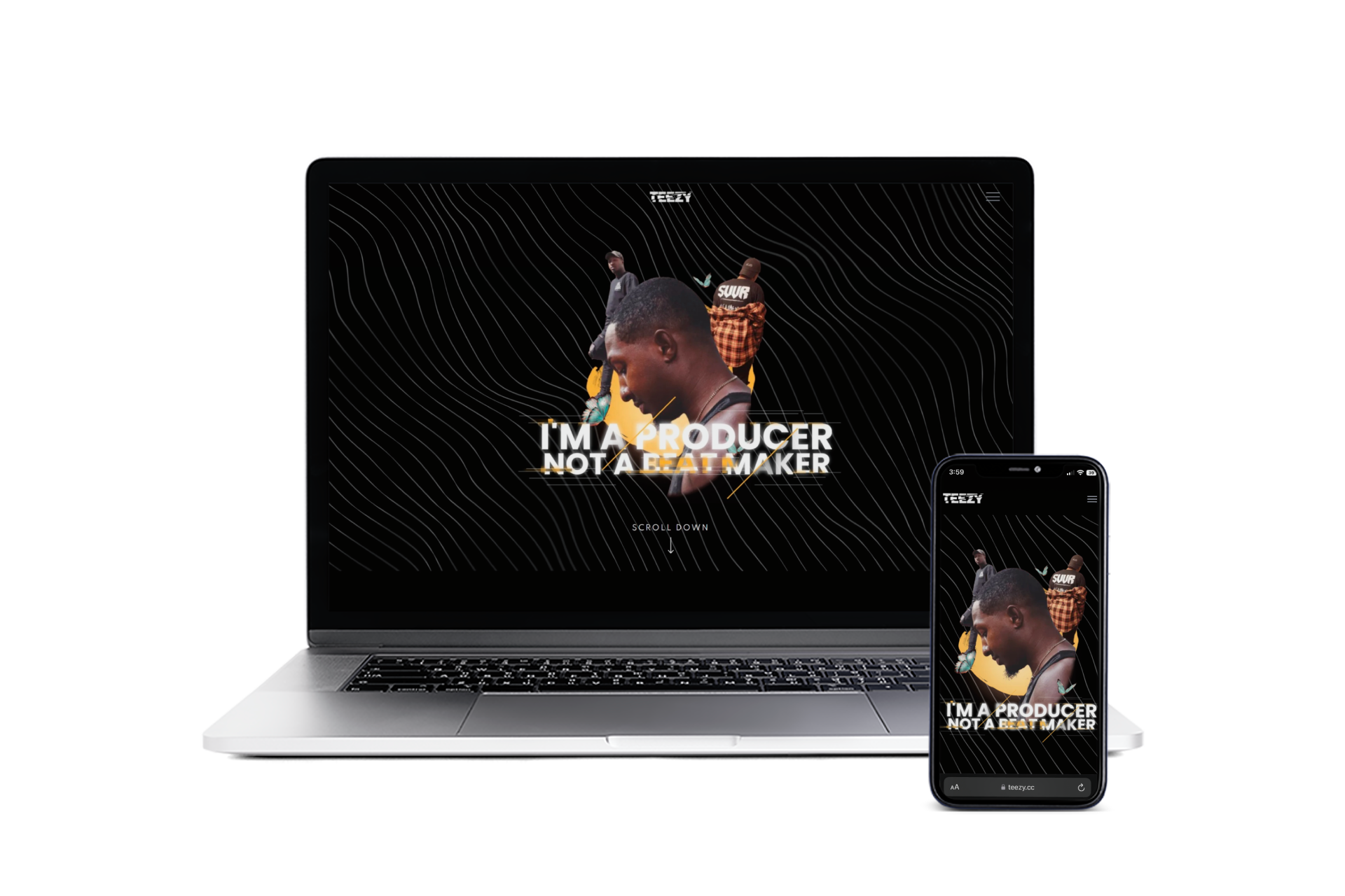 Laptop and phone displaying a website with a person in an image and text:
