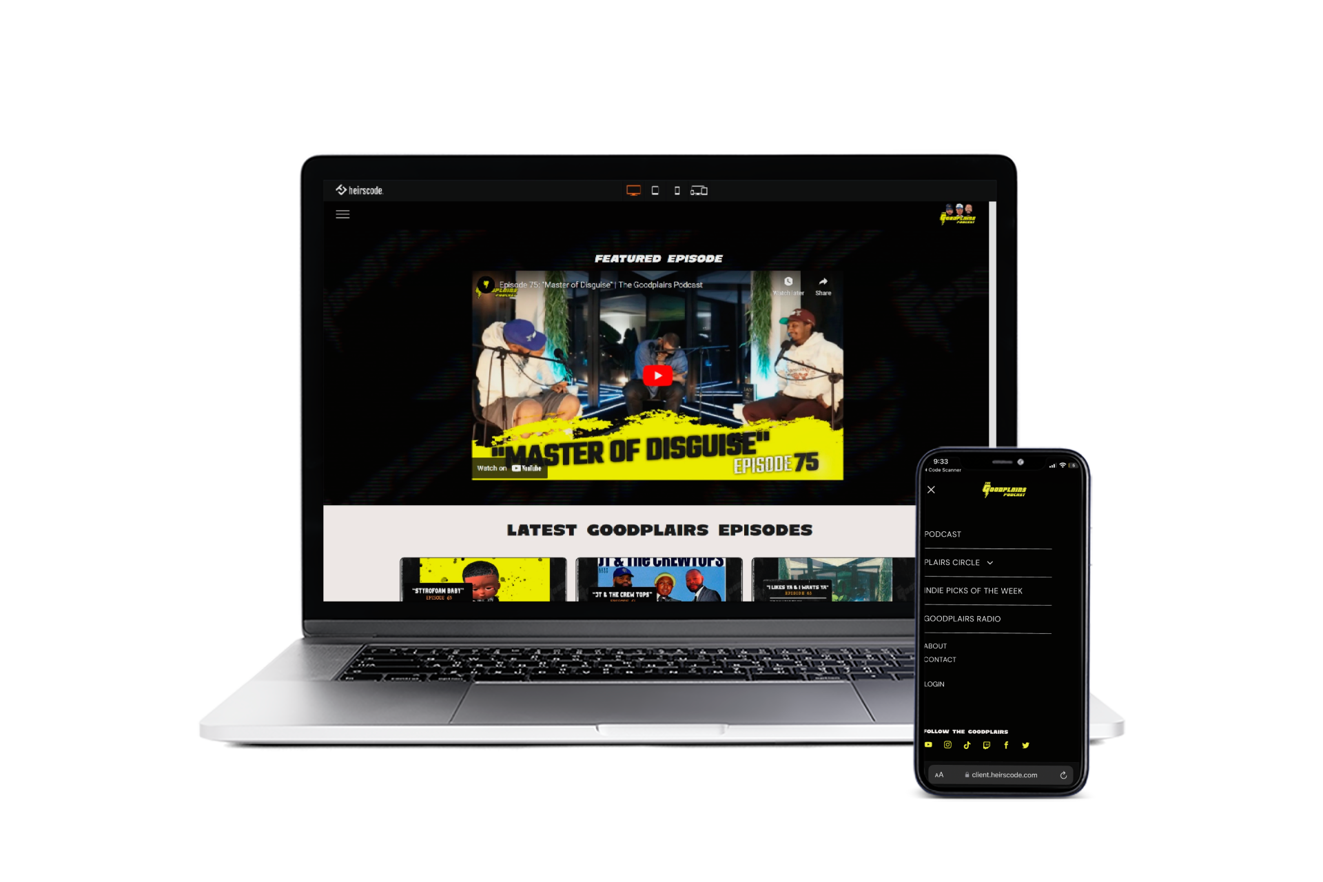 Laptop and phone displaying a website with video content, black and yellow color scheme.
