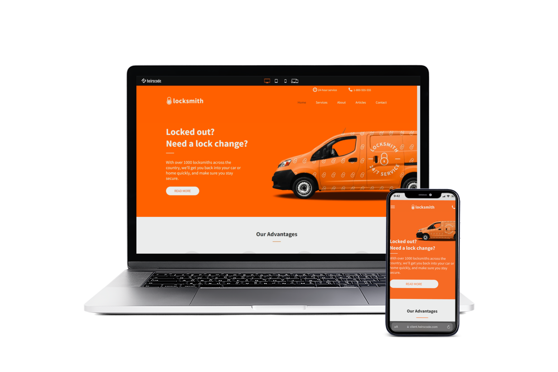 Laptop and phone showing a website with an orange delivery van;