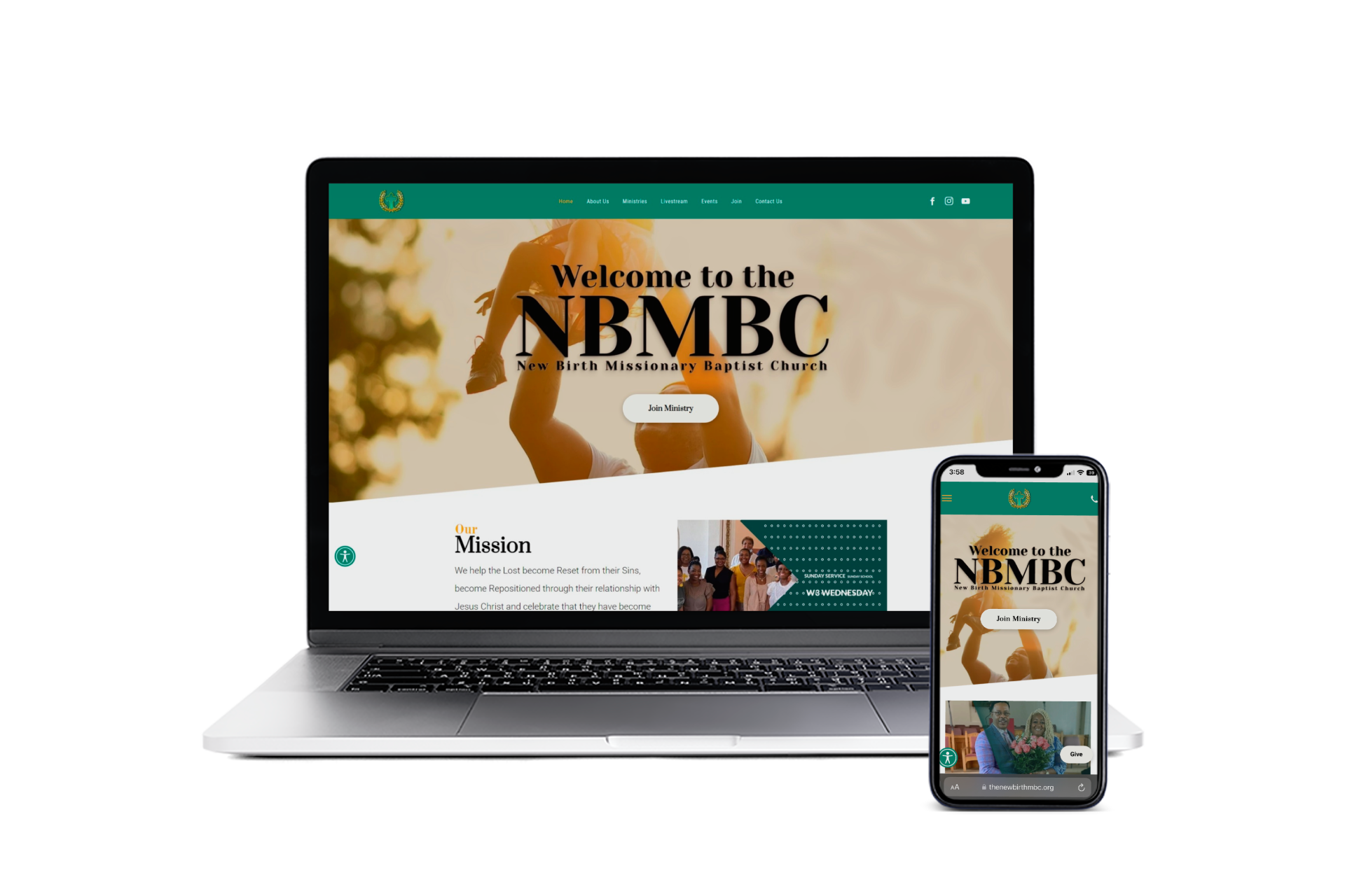 Laptop and phone display a website for NBMBC, featuring a person reaching out with a dark teal and beige design.
