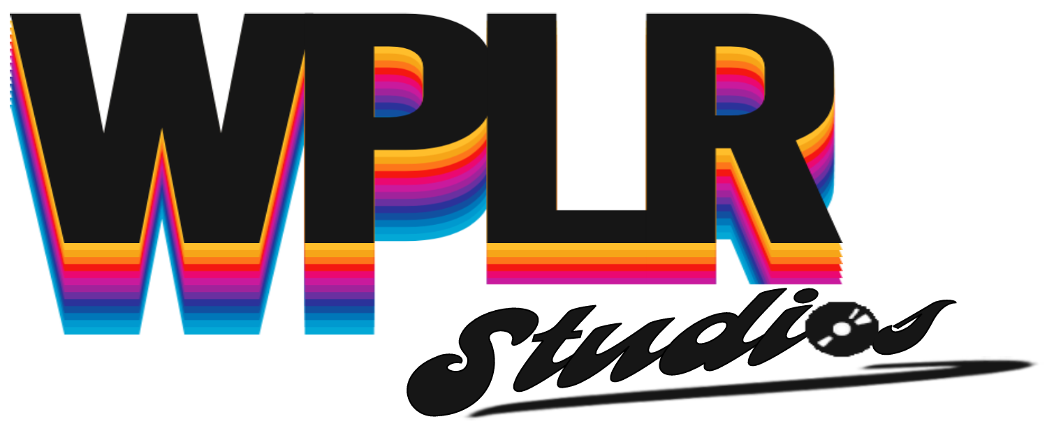 WPLR Studios logo with black text and rainbow-colored stripes, with a stylized