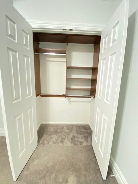 An open closet with white doors, gray carpeted floor, hanging rod, and several wooden storage shelves.