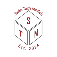 Logo for Stake Tech Models with a red-and-white cube and “Est. 2024” text