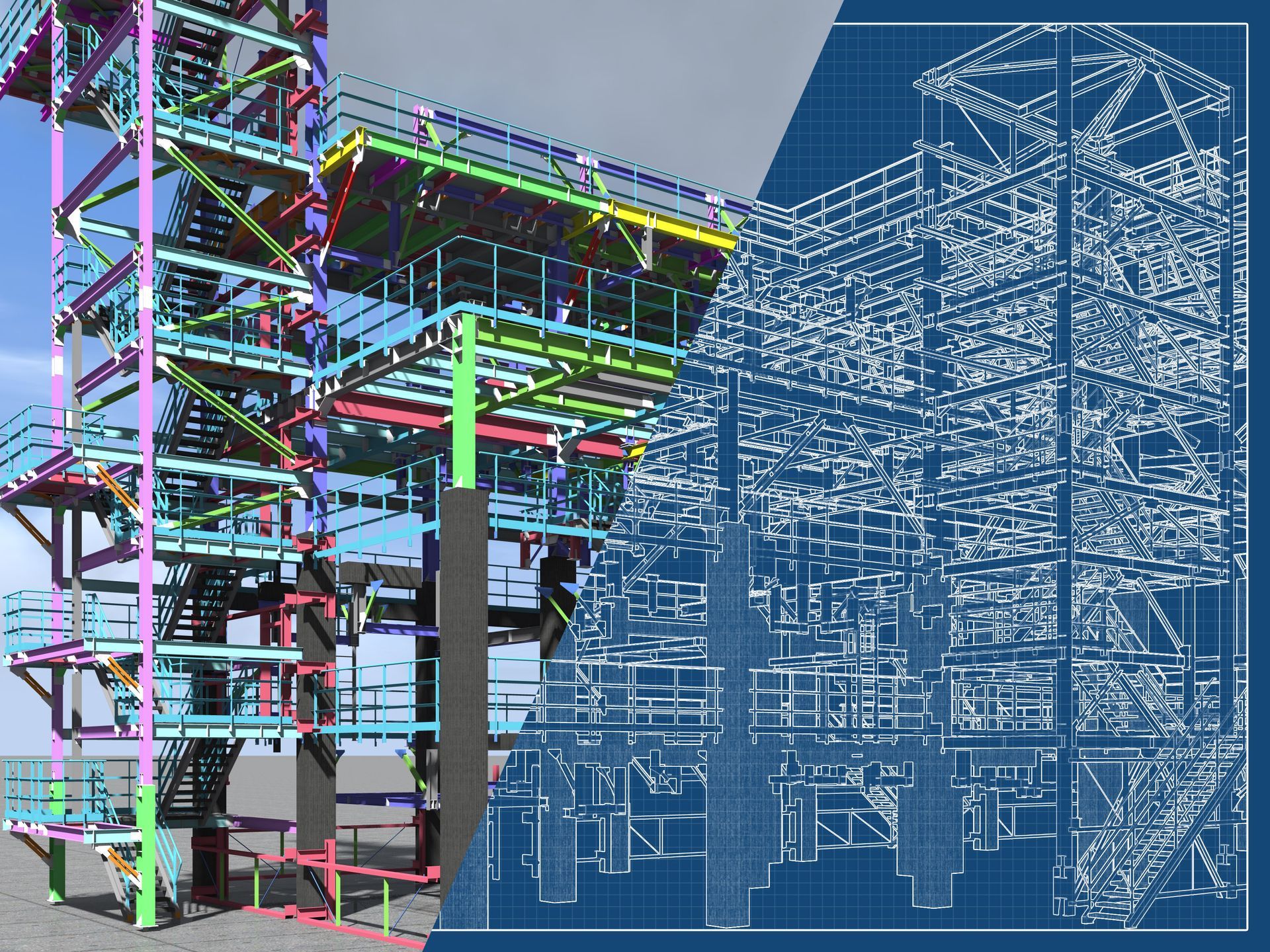 Colorful steel building framework beside a blue architectural wireframe overlay
