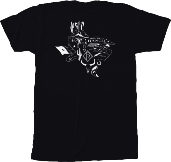Black t-shirt with a white Texas-shaped graphic with a cowboy boot, cactus, and 