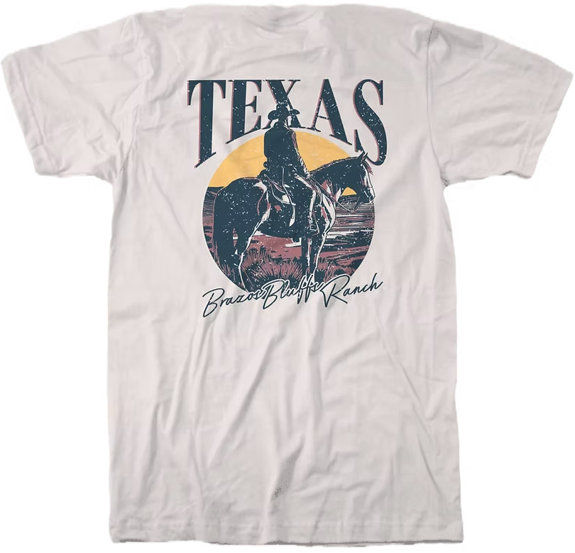 White t-shirt with Texas ranch scene: Cowboy on horse inside a circle, with 