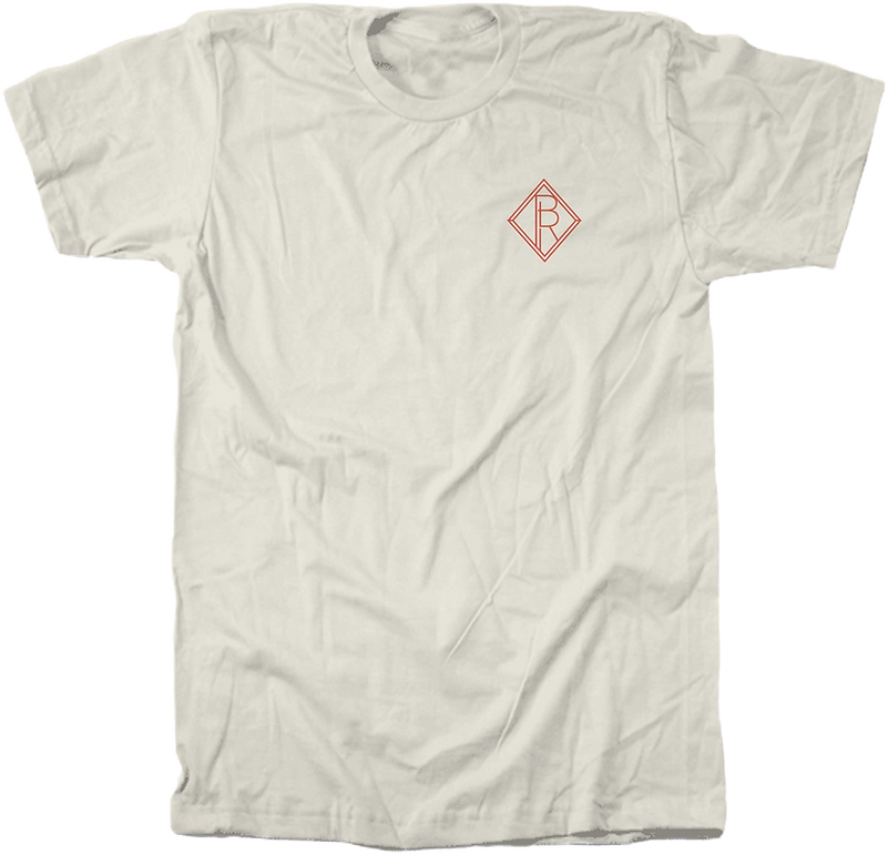 Cream-colored t-shirt with orange graphic of a cowboy on a bucking horse; text reads 