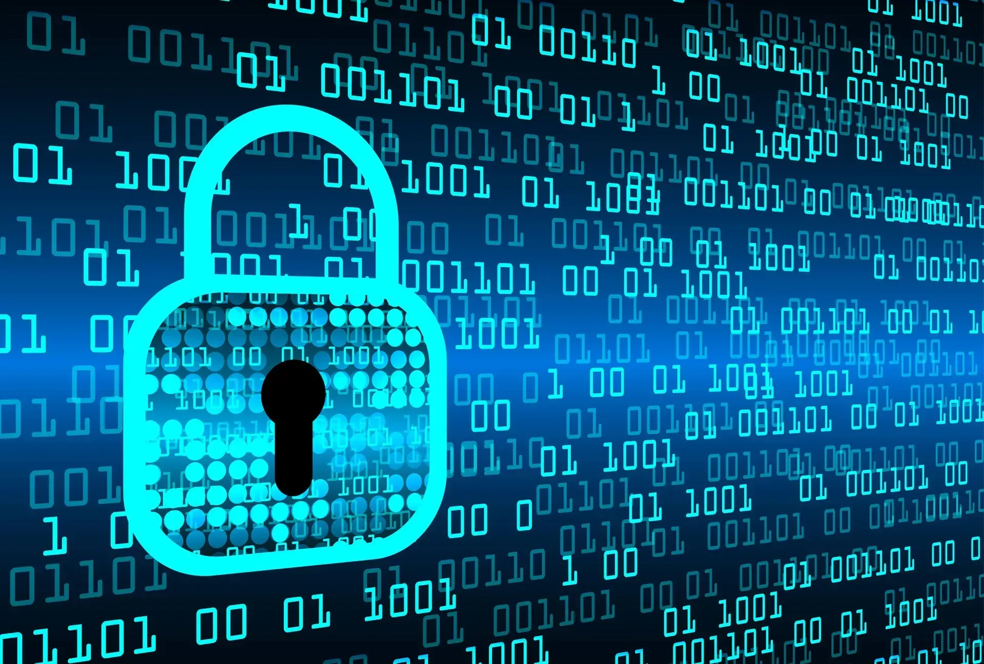 Candado digital azul sobre código binario, que simboliza la ciberseguridad y la protección de datos.