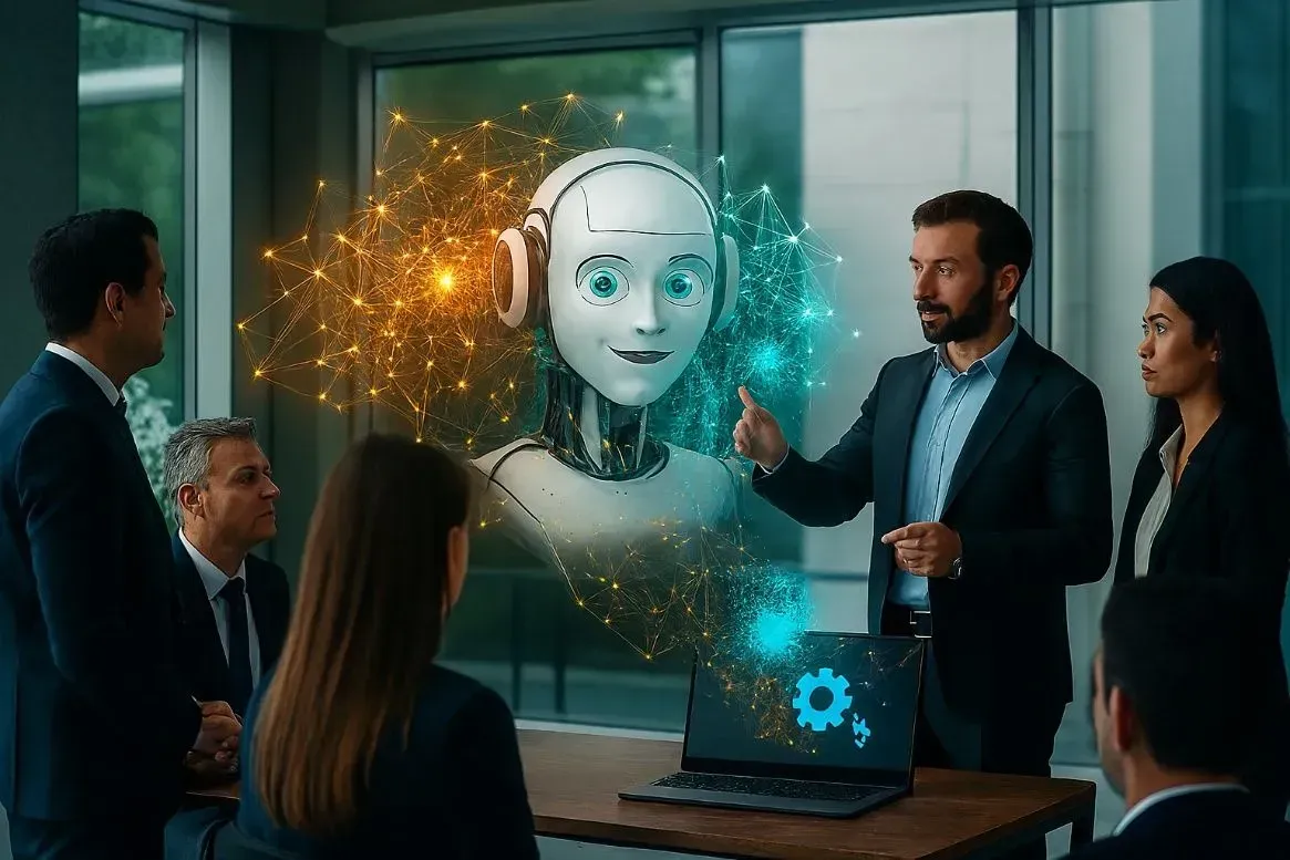 Reunión de negocios con el rostro holográfico de una IA