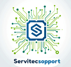 Logotipo de Servitecsopport con un dise&ntilde;o de chip electr&oacute;nico azul y l&iacute;neas verdes sobre fondo blanco