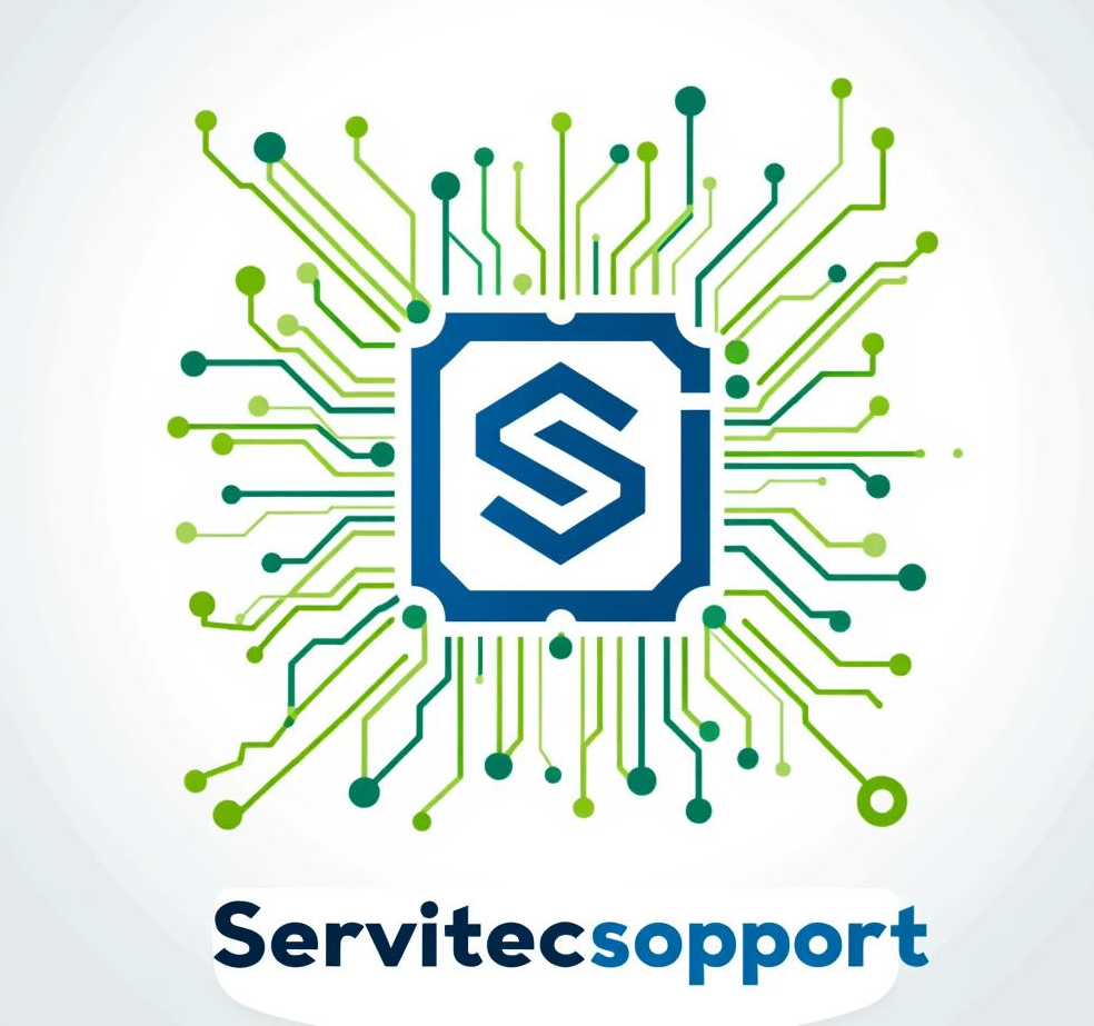 Logotipo de Servitecsopport con un dise&ntilde;o de chip electr&oacute;nico azul y l&iacute;neas verdes sobre fondo blanco