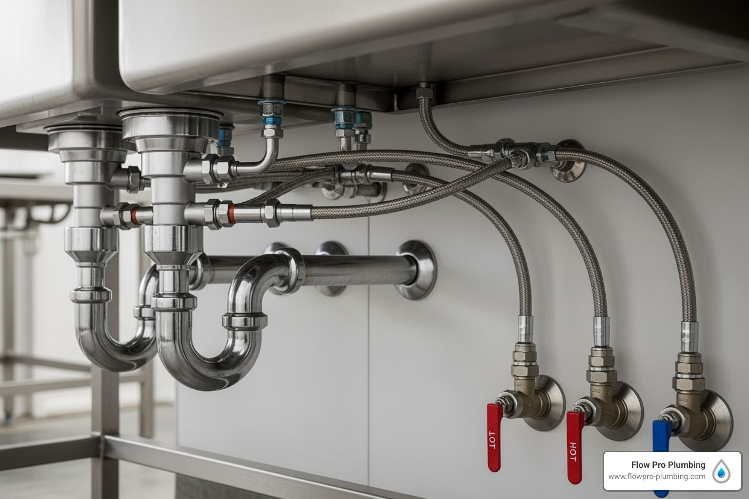 Under-sink plumbing with pipes, hoses, and red-handled valves in a kitchen cabinet