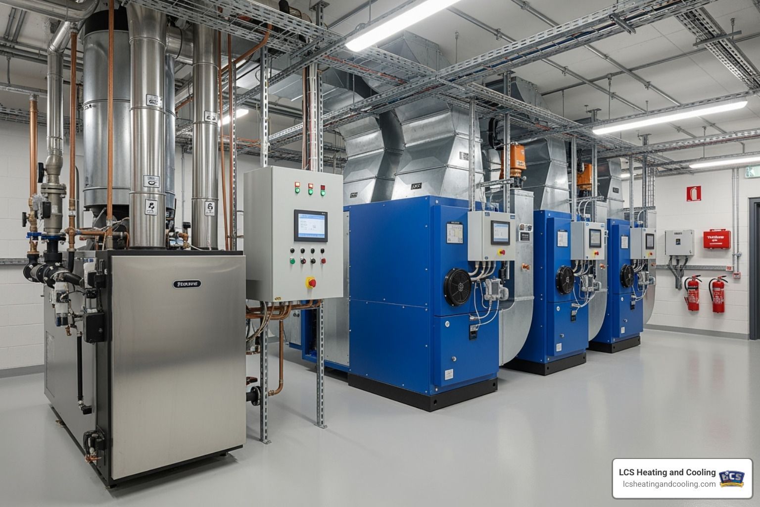 Industrial boiler room with blue and silver machines, pipes, and control panels in a clean facility