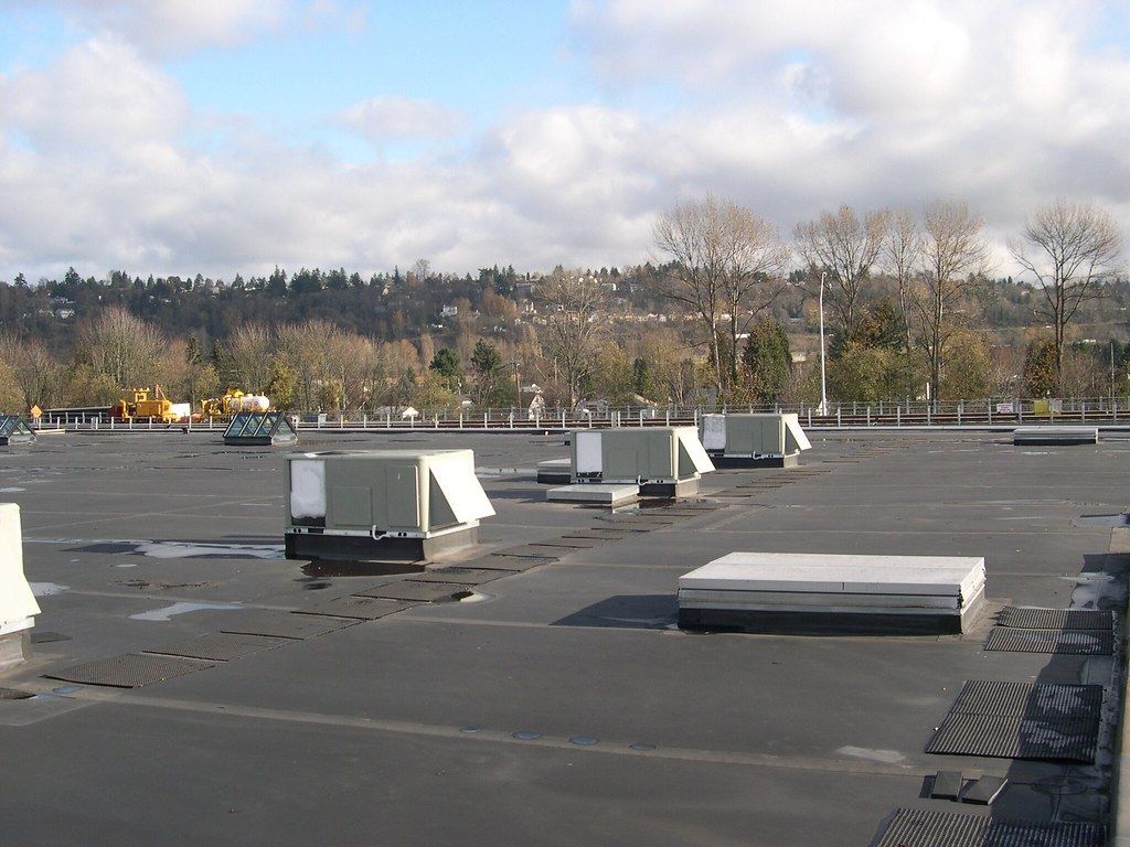 Flat rooftop with HVAC units under a cloudy sky, trees in the distance.