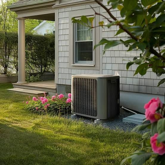 House exterior with a heat pump, pink flowers, and green lawn in the yard