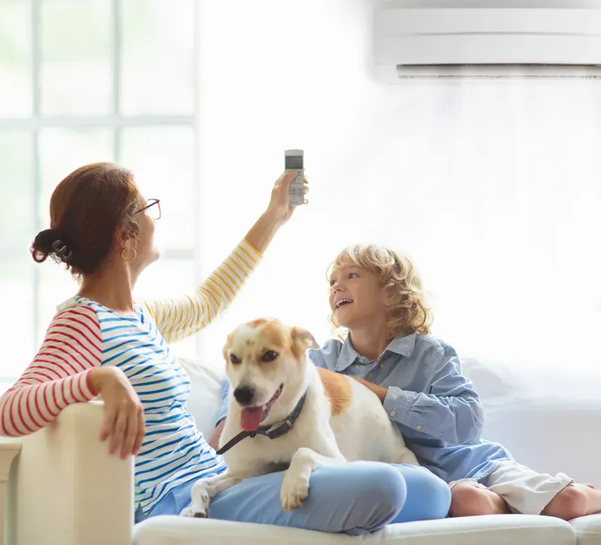 Person on a couch turning on an AC unit with a child and a dog in the room