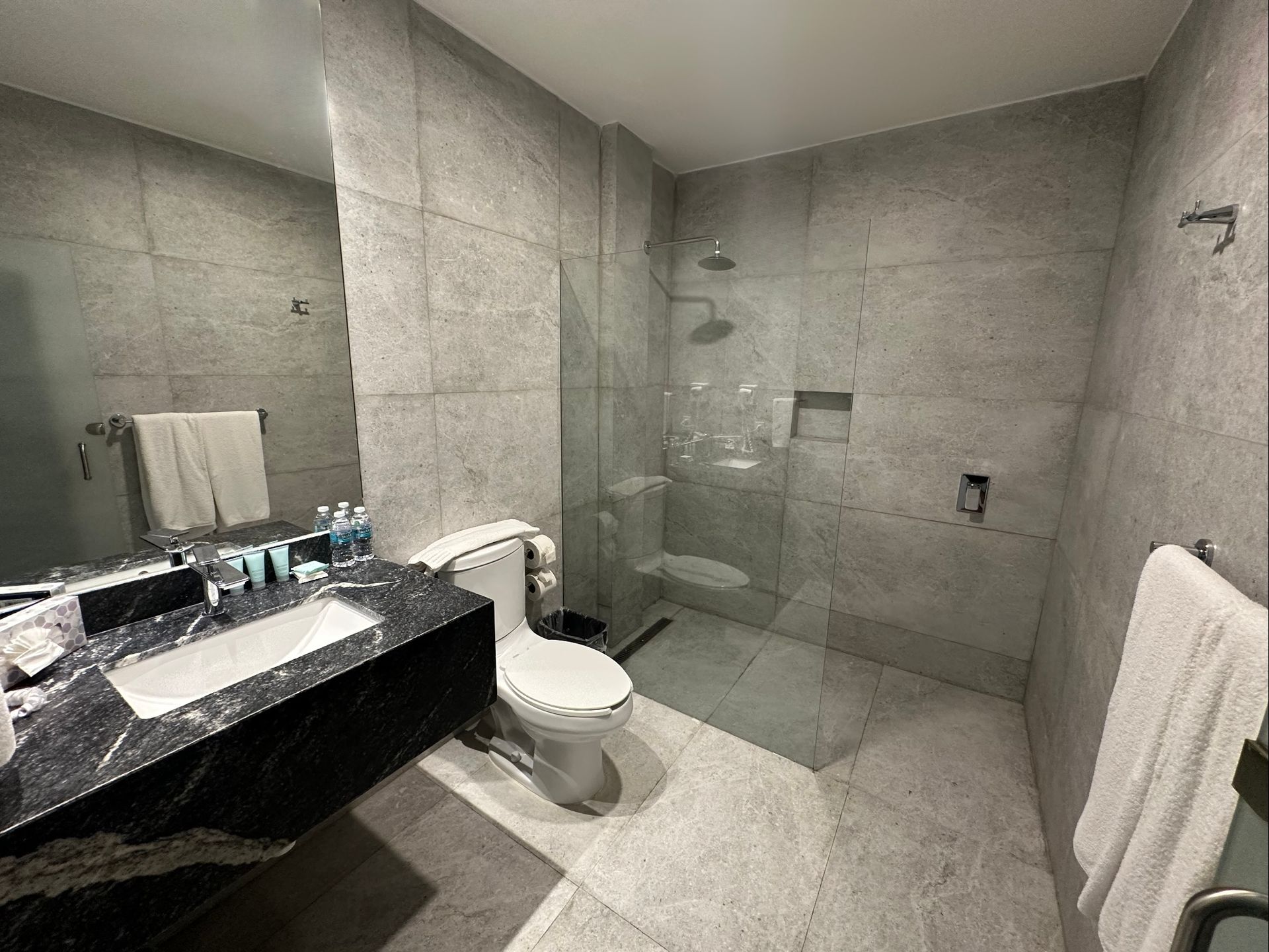 A bathroom with a toilet , sink and walk in shower.