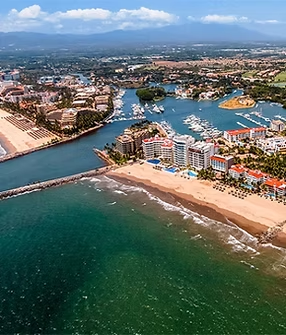 An aerial view of a beach and a body of water