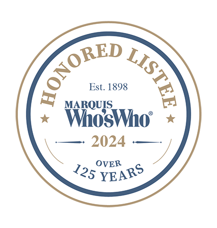 Honored Listee badge from Marquis Who's Who.  Blue and gold, reads "2024" and "Over 125 Years".