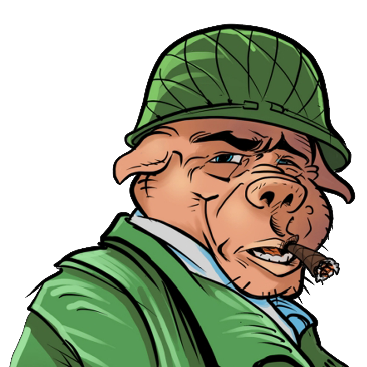 Cartoon pig in a green military helmet and jacket, smoking a cigar, with a skeptical expression.
