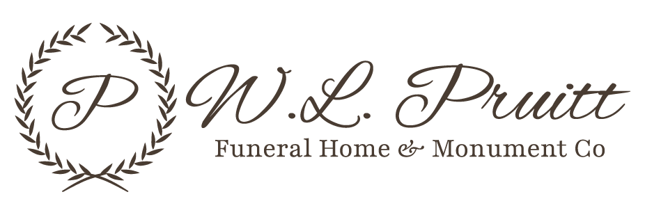 P.W. Pruitt Funeral Home & Monument Co. logo with script text and laurel wreath emblem
