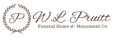 P.W. Pruitt Funeral Home & Monument Co. logo with script text and laurel wreath emblem