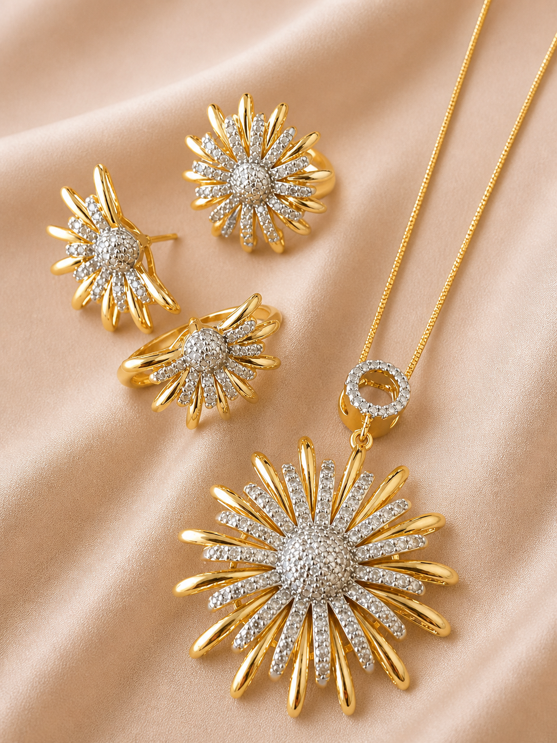 semijoias femininas com banho de ouro e ródio, conjunto com colar, anel e brincos com zircônias