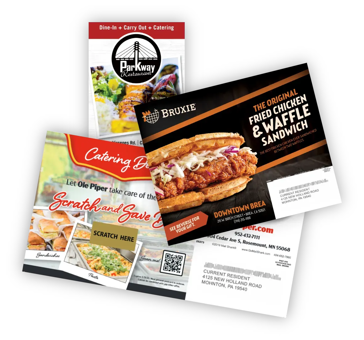 A bunch of flyers are stacked on top of each other on a white background.
