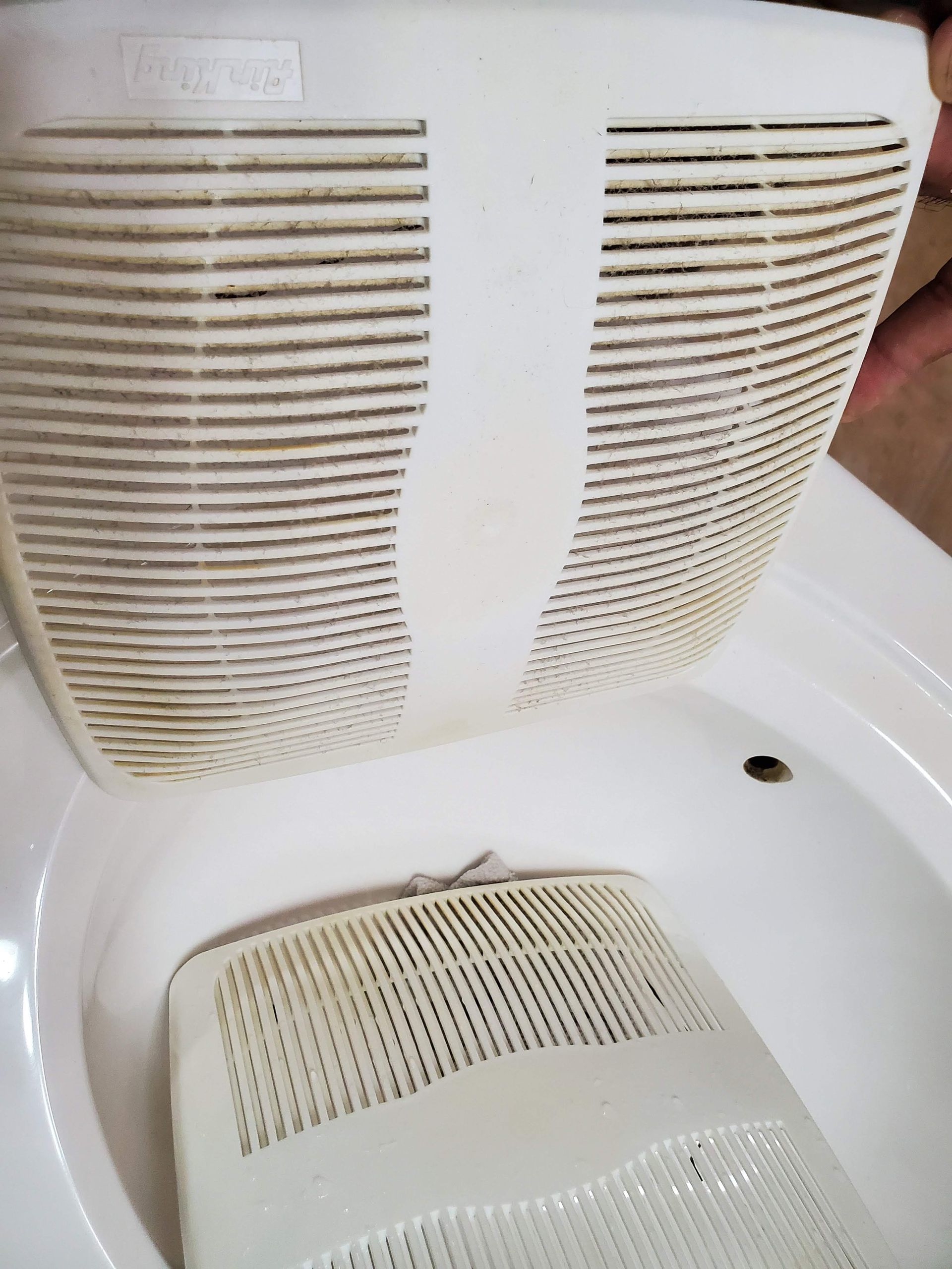 a person is cleaning a bathroom sink with a strainer