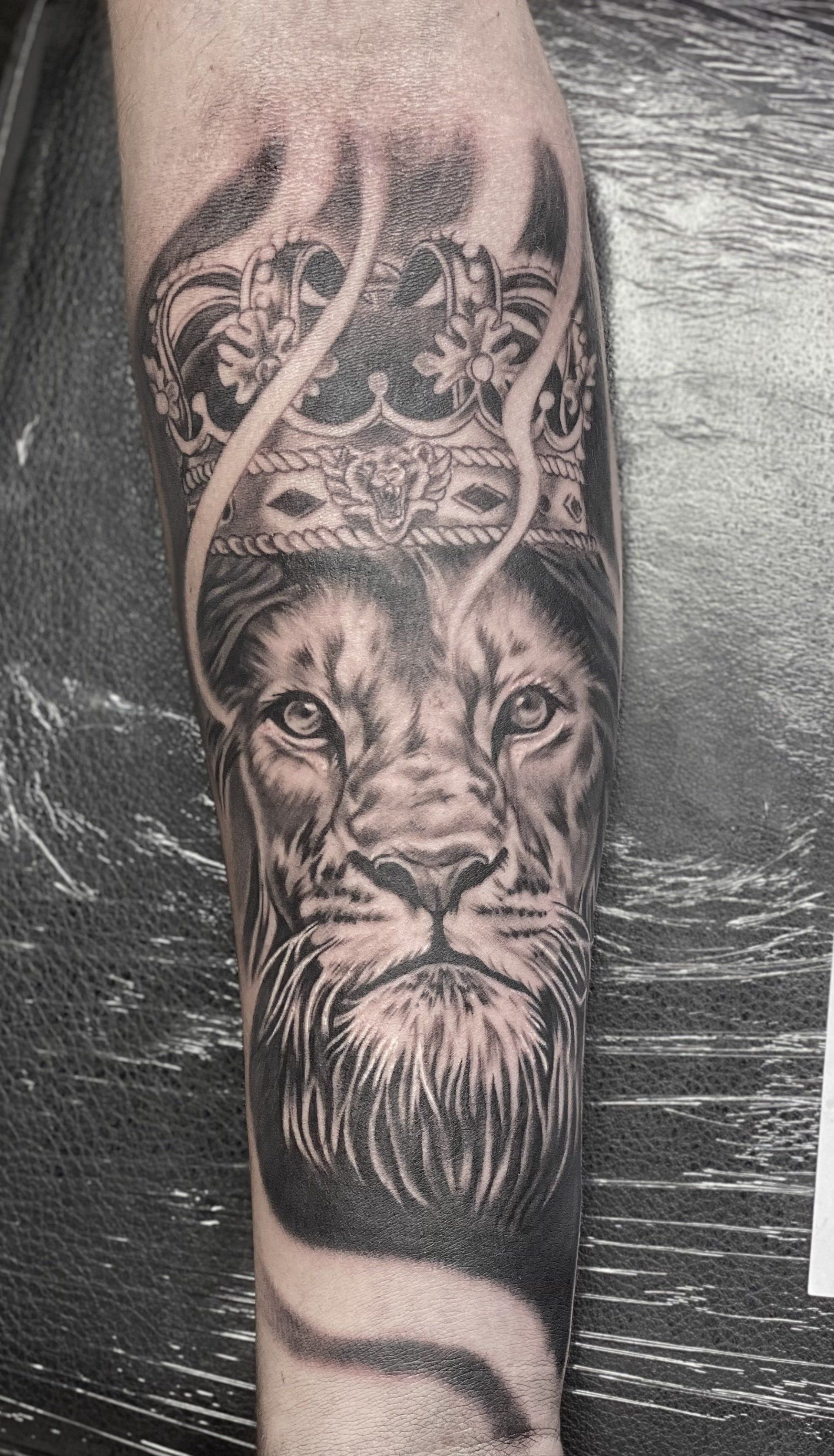 Lion tattoo black and grey realism