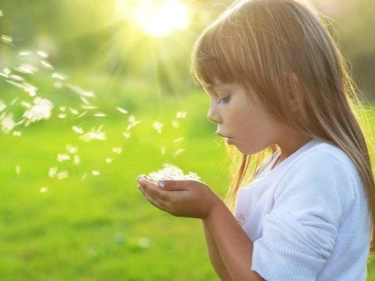 A person in a white top blows light, airy seeds from their cupped hands into a sunlit, green grassy field.
