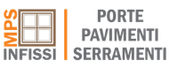 Logo per MPS Infissi con icona di finestra e testo &ldquo;Porte Terreni Serramenti&rdquo; su sfondo bianco