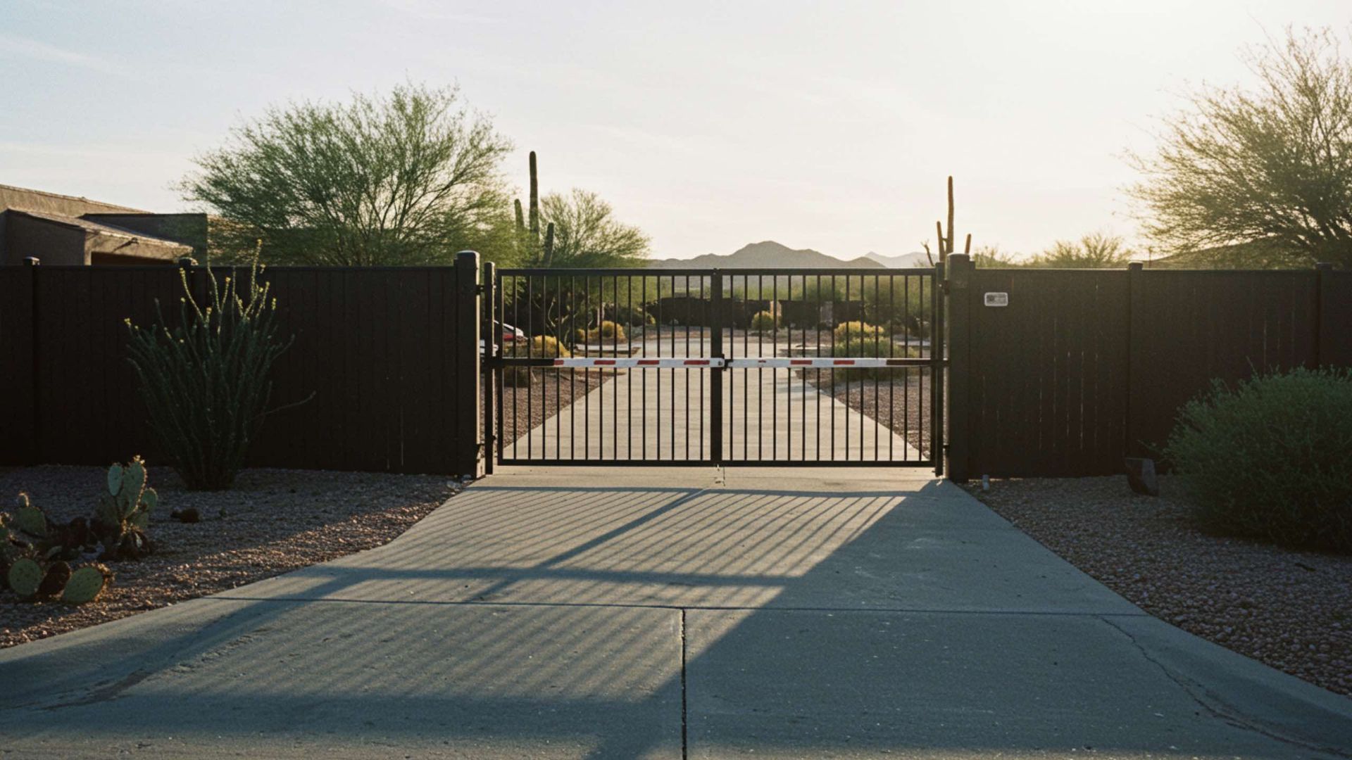 A closed dark metal gate spans a paved driveway in a sunny, desert-landscaped yard with cacti and gravel.