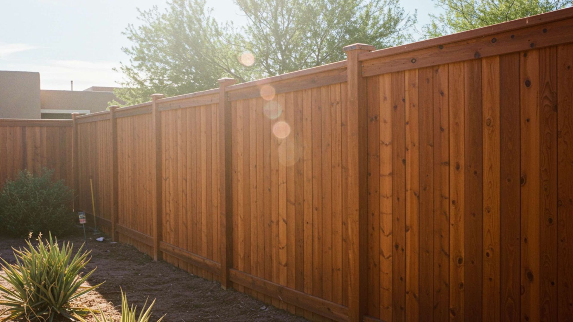 Wooden privacy fence in a sunny outdoor setting.